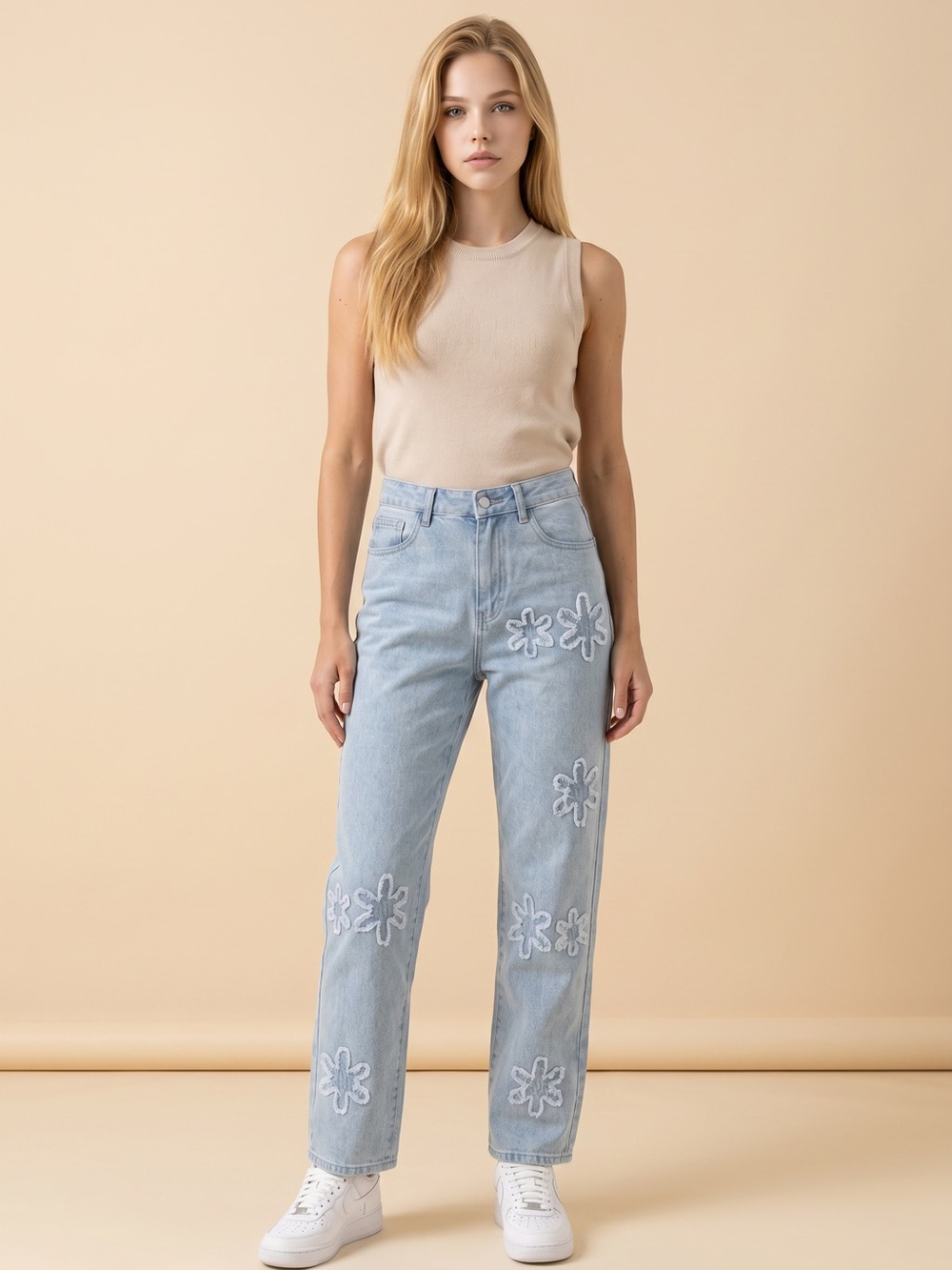 Light Blue Floral-Appliqué Straight-Leg Jeans - Picture 7 of 15